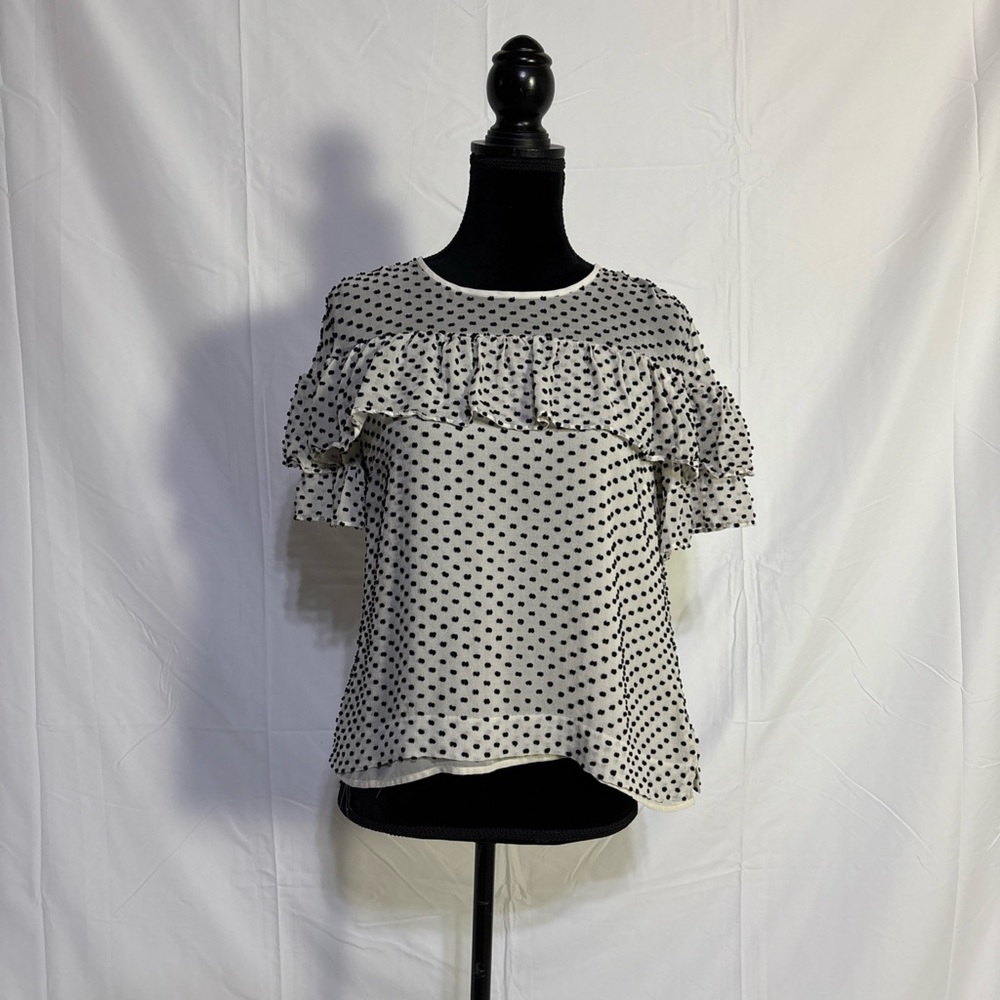 J. Crew White and Black Ruffled Flutter Sleeve Blouse